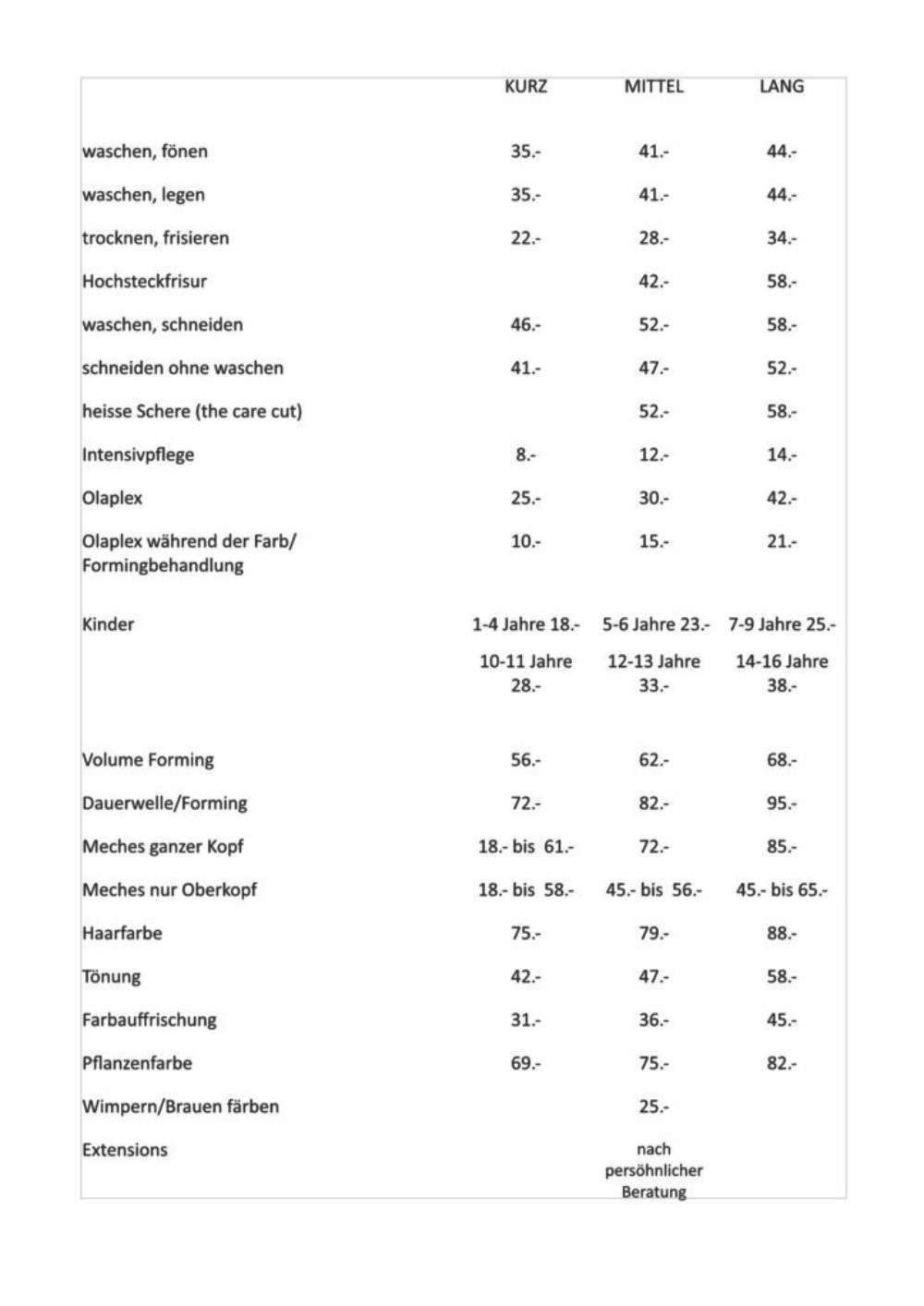 Preise Preisliste denise for hair