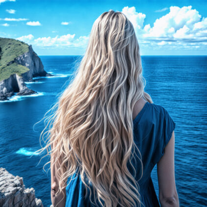 Frau mit langen blonden Haaren von hinten betrachtet, steht an einer Klippe und schaut aufs Meer